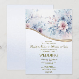Watercolor Blue Pink Floral Wedding Invitation