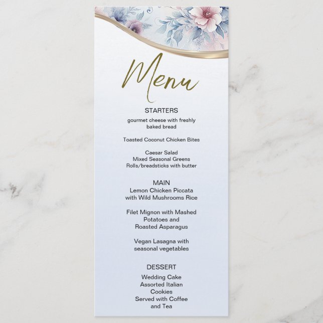 Watercolor Blue Pink Floral Wedding Menu (Front)