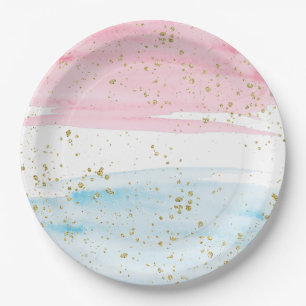 Watercolor Blue Pink Gender Reveal Party Paper Plate