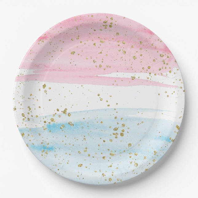 Watercolor Blue Pink Gender Reveal Party Paper Plate (Front)