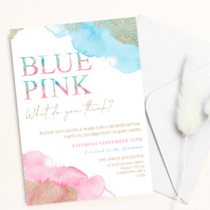 Watercolor Blue Pink Gold Glitter Gender Reveal Invitation
