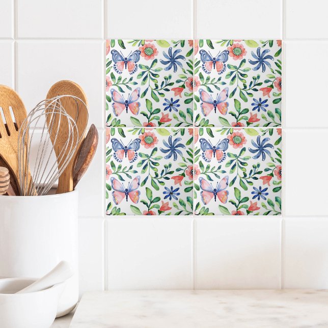 Watercolor Blue Pink Green Butterflies and Florals Tile (Creator Uploaded)