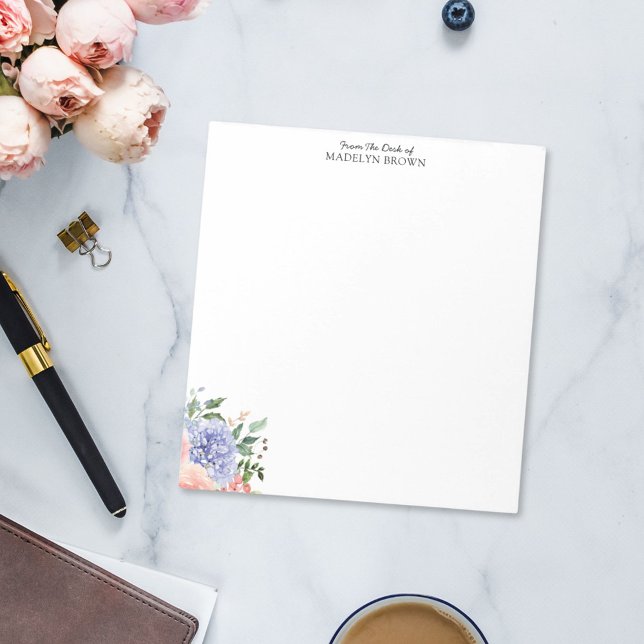 Watercolor Blue Pink Hydrangea Floral Notepad (In situ Office desk)