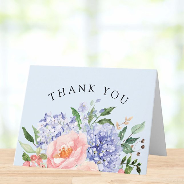 Watercolor Blue Pink Hydrangea Floral Thank You Card (Close up)