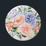 Watercolor Blue Pink Hydrangea Peony Spring Floral 7.5 Cm Round Badge<br><div class="desc">Accessorise in bloom with our Watercolor Floral Button. Featuring blue hydrangea,  pink peony,  and rose,  it adds a touch of spring and botanical charm to your style.</div>