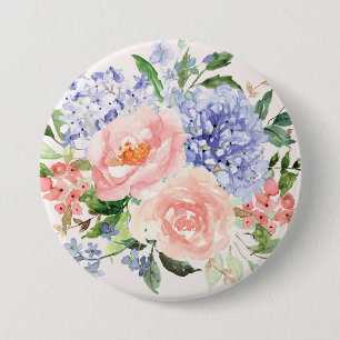 Watercolor Blue Pink Hydrangea Peony Spring Floral 7.5 Cm Round Badge