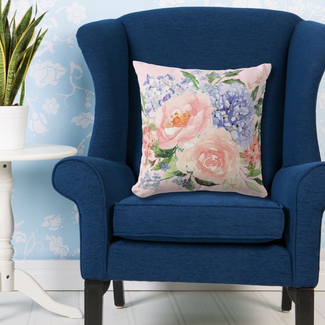 Watercolor Blue Pink Hydrangea Peony Spring Floral Cushion (in situ)