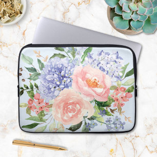 Watercolor Blue Pink Hydrangea Peony Spring Floral Laptop Sleeve
