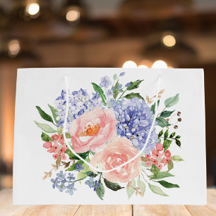 Watercolor Blue Pink Hydrangea Peony Spring Floral Large Gift Bag