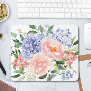 Watercolor Blue Pink Hydrangea Peony Spring Floral Mouse Pad