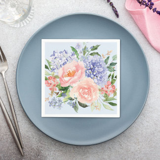 Watercolor Blue Pink Hydrangea Peony Spring Floral Napkin