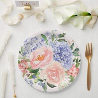 Watercolor Blue Pink Hydrangea Peony Spring Floral Paper Plate
