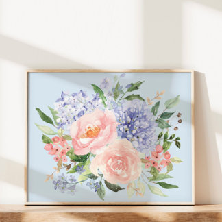 Watercolor Blue Pink Hydrangea Peony Spring Floral Poster