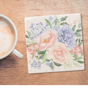 Watercolor Blue Pink Hydrangea Peony Spring Floral Stone Coaster