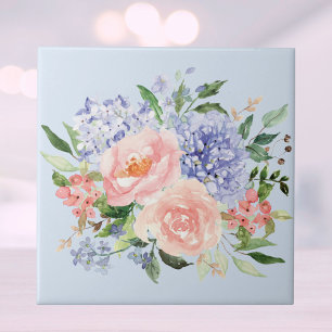 Watercolor Blue Pink Hydrangea Peony Spring Floral Tile