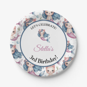 Watercolor Blue Pink Mermaid Cat Girl Birthday Paper Plate