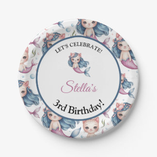 Watercolor Blue Pink Mermaid Cat Girl Birthday Paper Plate