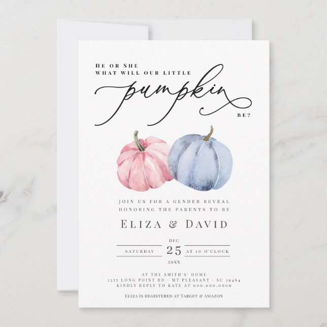  Watercolor Blue Pink Pumpkin Fall Gender Reveal Invitation (Front)