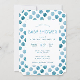Watercolor Blue Polka Dot Cute Baby Shower Invitation