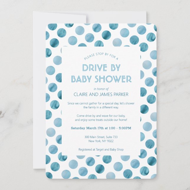 Watercolor Blue Polka Dot Drive By Baby Shower Invitation (Front)
