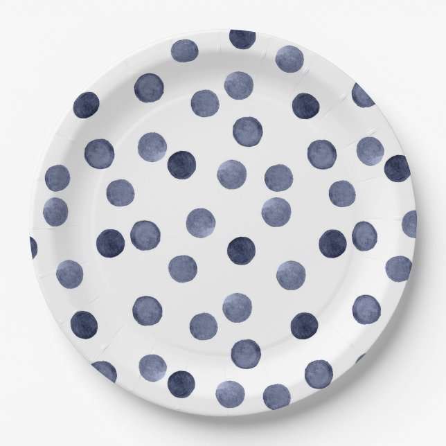 Watercolor Blue polka dot  Paper Plate (Front)