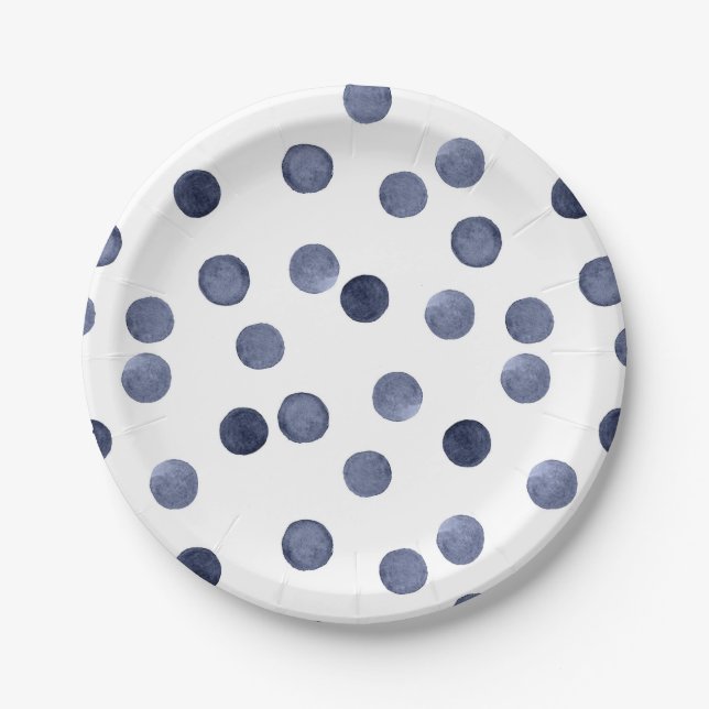 Watercolor . Blue polka dot . Paper Plate (Front)