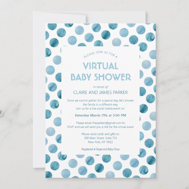 Watercolor Blue Polka Dot Virtual Baby Shower Invitation (Front)