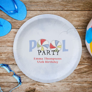 Watercolor Blue Pool Party Personalised Paper Plate