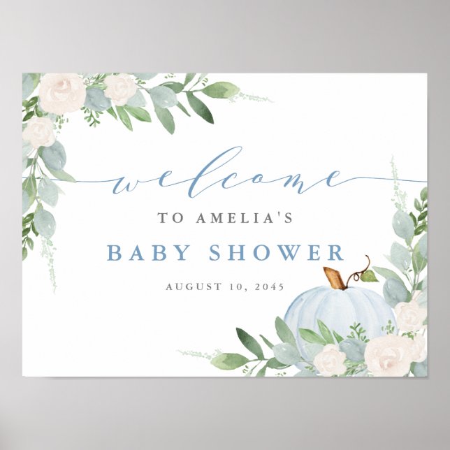 Watercolor Blue Pumpkin Fall Baby Shower Welcome Poster (Front)