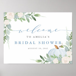 Watercolor Blue Pumpkin Fall Bridal Shower Welcome Poster