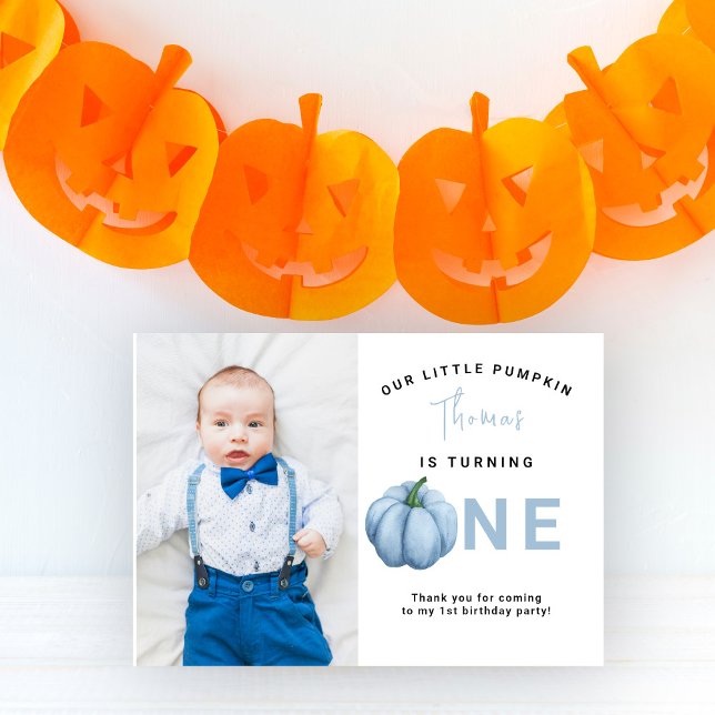 Watercolor Blue Pumpkin first birthday party Thank You Card (Creator Uploaded)