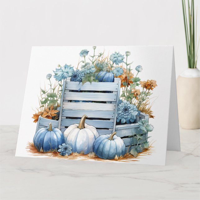 Watercolor Blue Pumpkins & Flowers Card (Front)