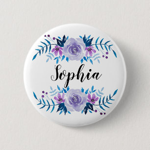 Watercolor Blue Purple Floral Wreath Custom Text 6 Cm Round Badge