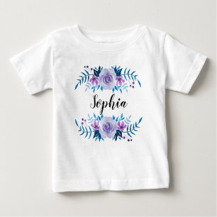 Watercolor Blue Purple Floral Wreath Custom Text Baby T-Shirt