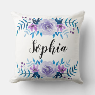 Watercolor Blue Purple Floral Wreath Custom Text Cushion