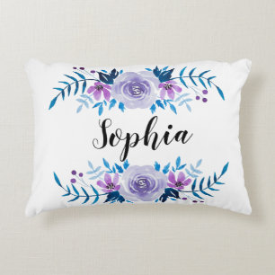 Watercolor Blue Purple Floral Wreath Custom Text Decorative Cushion