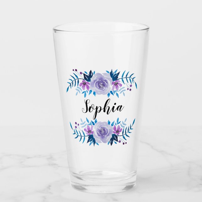 Watercolor Blue Purple Floral Wreath Custom Text Glass (Front)