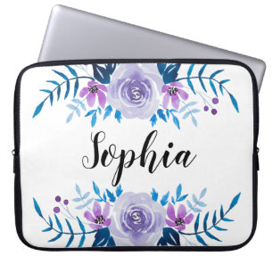 Watercolor Blue Purple Floral Wreath Custom Text Laptop Sleeve