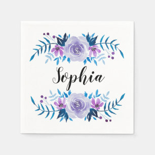 Watercolor Blue Purple Floral Wreath Custom Text Napkin