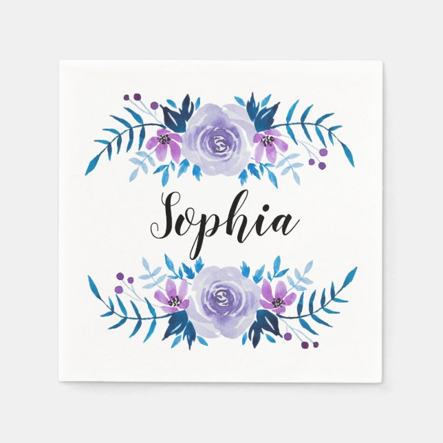 Watercolor Blue Purple Floral Wreath Custom Text Napkin (Front)