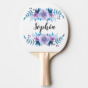 Watercolor Blue Purple Floral Wreath Custom Text Ping Pong Paddle