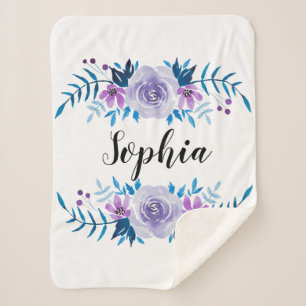 Watercolor Blue Purple Floral Wreath Custom Text Sherpa Blanket