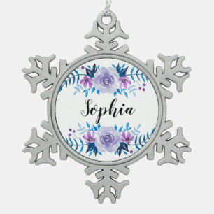 Watercolor Blue Purple Floral Wreath Custom Text Snowflake Pewter Christmas Ornament