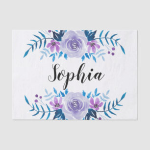 Watercolor Blue Purple Floral Wreath Custom Text Tissue Paper
