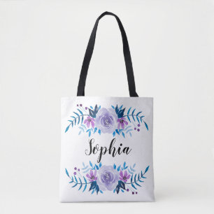 Watercolor Blue Purple Floral Wreath Custom Text Tote Bag