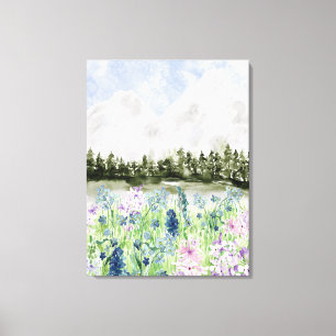 Watercolor Blue Purple Flower Meadow on Mountain Canvas Print