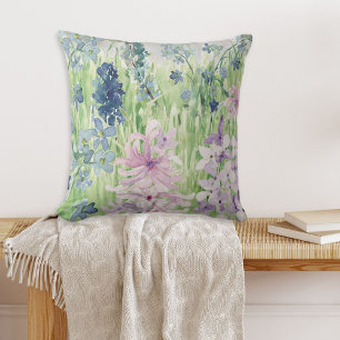 Watercolor Blue Purple Flower Meadow on Mountain Cushion