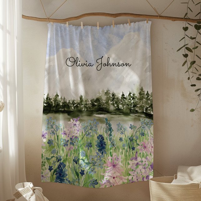 Watercolor Blue Purple Flower Meadow on Mountain Fleece Blanket (In situ)