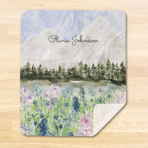 Watercolor Blue Purple Flower Meadow on Mountain Sherpa Blanket