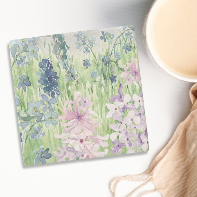 Watercolor Blue Purple Flower Meadow on Mountain Stone Coaster (In situ on table)